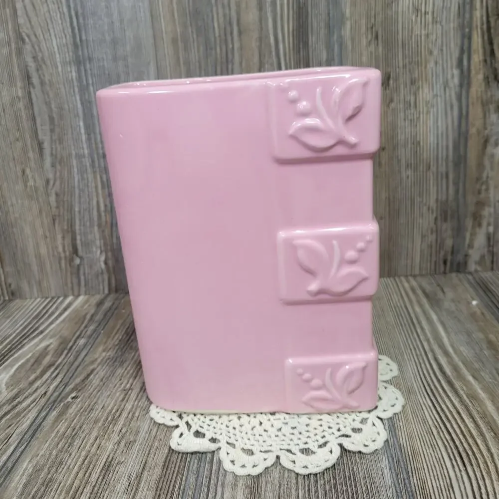 Vintage FPCO Pink Ceramic Vase 1950s MCM Rectangular Planter Leaf Sprig Pottery - Picture 3 of 7